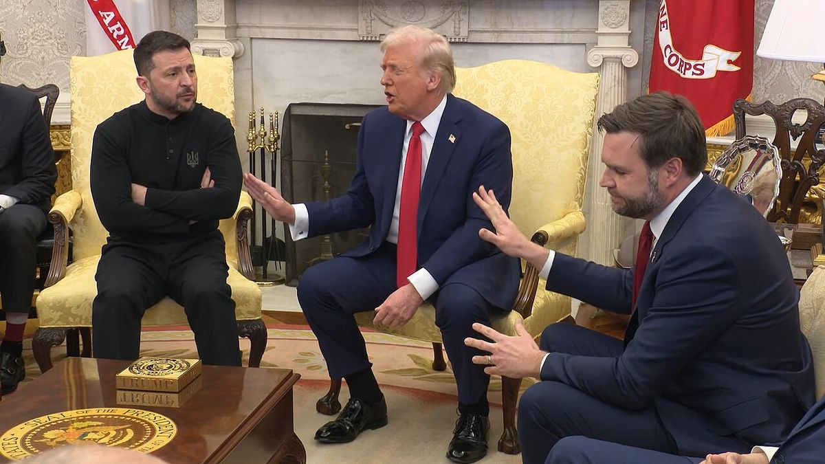 Trump and Vance gesture at Zelensky, who sits with his arms crossed, in the Oval Office, February 28, 2025.